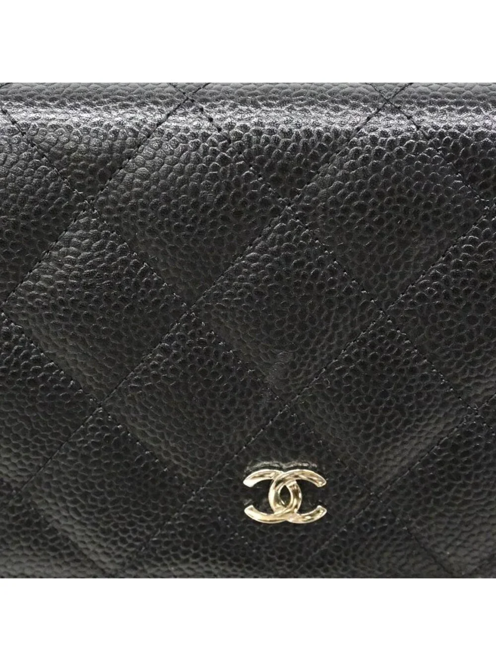 Chanel Shoulder Wallet Quilted Caviar Leather Black Silver
